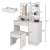 White Vanity Set with Adjustable Lighted Mirror, 3 Storage Shelves, 1 Drawer, 1 Cabinet, Cushioned Stool Seat and Metal Frame