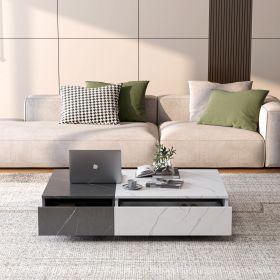 Modern Style Rectangular Black & White Coffee Table with Two Storage Spaces and Marble Patchwork Design
