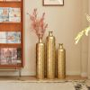 Set of 3, Handcrafted Gold Metal Floor Vases, Geometric Cylinder Shape with Hammered & Polished Finish and Funnel Shaped Necks