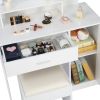 White Vanity Set with Adjustable Lighted Mirror, 3 Storage Shelves, 1 Drawer, 1 Cabinet, Cushioned Stool Seat and Metal Frame