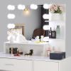 White Vanity Set with Adjustable Lighted Mirror, 3 Storage Shelves, 1 Drawer, 1 Cabinet, Cushioned Stool Seat and Metal Frame
