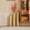 Set of 3, Handcrafted Gold Metal Floor Vases, Geometric Cylinder Shape with Hammered & Polished Finish and Funnel Shaped Necks