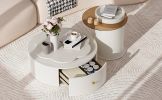 U-Can Modern Round Coffee Table Set of 2 with 360-Degree Rotatable Flower-Shaped Top, 2 Drawers and End Table with Brown Glasstop