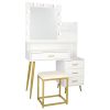 White & Gold Vanity Set with 9 LED Bulbs, Makeup Table, Cushioned Stool, 3 Storage Shelves and 4 Spacious Drawers