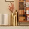 Set of 3, Handcrafted Gold Metal Floor Vases, Geometric Cylinder Shape with Hammered & Polished Finish and Funnel Shaped Necks