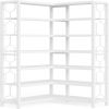 White Corner Bookshelf Display Rack with 7 Tiers, Dual Sided Storage, and Hexagonal Shape