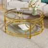30.7” Round Tempered Glass Coffee Table with Luxurious Gold Geometric Metal Frame and Open Bottom Shelf