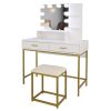 White Vanity Set with Makeup Table, 10 LED Bulbs, 3 Tone Light Settings, 3 Storage Shelves,, 2 Table Drawers and Cushioned Stool