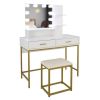 White Vanity Set with Makeup Table, 10 LED Bulbs, 3 Tone Light Settings, 3 Storage Shelves,, 2 Table Drawers and Cushioned Stool