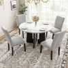 5-Piece Round Dining Table Set with 4 Upholstered Linen Chairs, Marble Texture Tabletop and H Shaped Table Legs