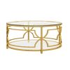 30.7” Round Tempered Glass Coffee Table with Luxurious Gold Geometric Metal Frame and Open Bottom Shelf