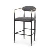 Set of 2, Gray Bar Stools with Black Iron Toothpick Style Leg Design, Gold Armrests, Iron Footrest & Curved Backrest