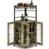 Industrial Rustic Corner Bar Cabinet with 2 Bottom Doors, Glass Holders and Adjustable Shelf