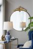 36" x 41" Large Round Wall Mirror with Gold Metal Frame and Intricate Leaf Like Adornment Design Top