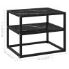 Black Side Table with Tempered Glass and Marble Textured Shelves