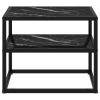Black Side Table with Tempered Glass and Marble Textured Shelves