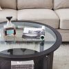 36” Modern Solid Wood Black Round Coffee Table with Clear Tempered Glass Top, Open Bottom Shelf and Double Deck Design
