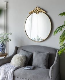 36" x 41" Large Round Wall Mirror with Gold Metal Frame and Intricate Leaf Like Adornment Design Top
