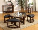 Dark Walnut Coffee Table Set with 4 Ottoman Chairs, Beveled Glass Insert Top and Nesting Design