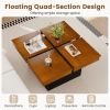 Modern Square Floating Coffee Table Okume Wood Veneer 4-Section Storage Walnut & Black