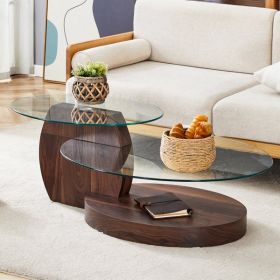 Modern Walnut Grain Double Layer Coffee Table with Clear Tempered Glass Tops, 3 Tier Design and Open Bottom Shelf