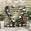 Set of 2, 5 Tier Black Metal Plant Stand with 4 Hanging Hooks for Multiple Plants  and Heart Shaped Design When Combined