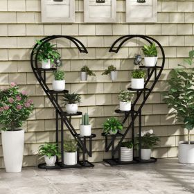 Set of 2, 5 Tier Black Metal Plant Stand with 4 Hanging Hooks for Multiple Plants  and Heart Shaped Design When Combined
