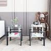 Set of 2, Modern Square End Tables with Clear Tempered Glass, Bottom Shelf and Iron Tube Support Frame
