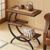 Double C-Shaped End Table with 3 Tier Storage, Rustic Brown Finish and Black Metal Frame