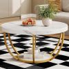 Round White Faux Marble Coffee Table with 2 Tiers, Arc-Shaped Metal Frame Design and Open Bottom Shelf