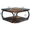 39” 2 Tier Square Coffee Table with Black Metal Curved Base, Two-Tone Color Design and Open Bottom Shelf
