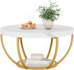Round White Faux Marble Coffee Table with 2 Tiers, Arc-Shaped Metal Frame Design and Open Bottom Shelf