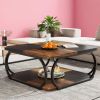 39” 2 Tier Square Coffee Table with Black Metal Curved Base, Two-Tone Color Design and Open Bottom Shelf