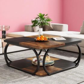 39” 2 Tier Square Coffee Table with Black Metal Curved Base, Two-Tone Color Design and Open Bottom Shelf