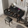 Elegant Black Vanity Makeup Table & Chair Set with 1 Drawer, 2 Begonia Glass Cabinet Doors, Writing Desk, and Charging Port Station