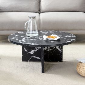 Versatile Black & White Round Coffee Table with Faux Marble Pattern Design