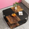 39” 2 Tier Square Coffee Table with Black Metal Curved Base, Two-Tone Color Design and Open Bottom Shelf