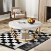 Round White Faux Marble Coffee Table with 2 Tiers, Arc-Shaped Metal Frame Design and Open Bottom Shelf