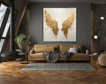 Handpainted Acrylic Abstract Oil Painting with Two Gold Angel Wings, Multiple Size Options and Textured 3D Effect (Style: 01, size: 50x50cm)