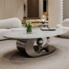 White Faux Marble Coffee Tabletop with Sculptural Stainless Steel Base and Geometric Silhouette
