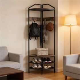 Modern Corner Display Shelf with Multi-Hook Clothes Hanger, 2 Tier Shoe Rack and Storage Shelves (Color: Rustic Brown)
