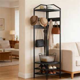 Modern Corner Display Shelf with Multi-Hook Clothes Hanger, 2 Tier Shoe Rack and Storage Shelves (Color: Black)
