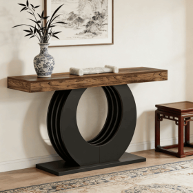 63” Console Table with Black Circle Metal Design Base and Wood Grain Rectangle Tabletop (Title: default title)