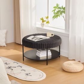 30.9" Upholstered Round Ottoman Coffee Table, Foot Stool, or Extra Seating with Open Bottom Storage Shelf and Black Metal Legs (Color: as Pic)
