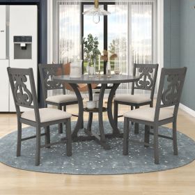5 Piece Dining Table Set with 1 Round Table with Bent Column Shaped Table Legs, Middle Storage Shelf and 4 Carved Backrest Chairs (Color: Gray)