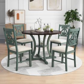 5 Piece Dining Table Set with 1 Round Table with Bent Column Shaped Table Legs, Middle Storage Shelf and 4 Carved Backrest Chairs (Color: Antique Blue)