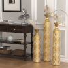 Set of 3, Gold Decorative Floor Vases with Growing Vine, Intricate Etched Swirl Patterns and Funnel Shape Necks