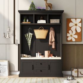 70” Entryway Hall Tree Storage Bench with 3 Open Top Shelves, 2 Bottom Drawers, 2 Doors, 3 Hooks for Hanging & Comfortable Seating Area (Color: Black)