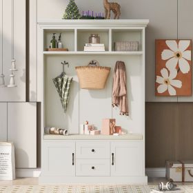 70” Entryway Hall Tree Storage Bench with 3 Open Top Shelves, 2 Bottom Drawers, 2 Doors, 3 Hooks for Hanging & Comfortable Seating Area (Color: Beige)