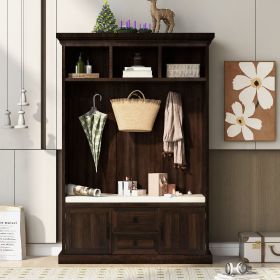 70” Entryway Hall Tree Storage Bench with 3 Open Top Shelves, 2 Bottom Drawers, 2 Doors, 3 Hooks for Hanging & Comfortable Seating Area (Color: Tiger)